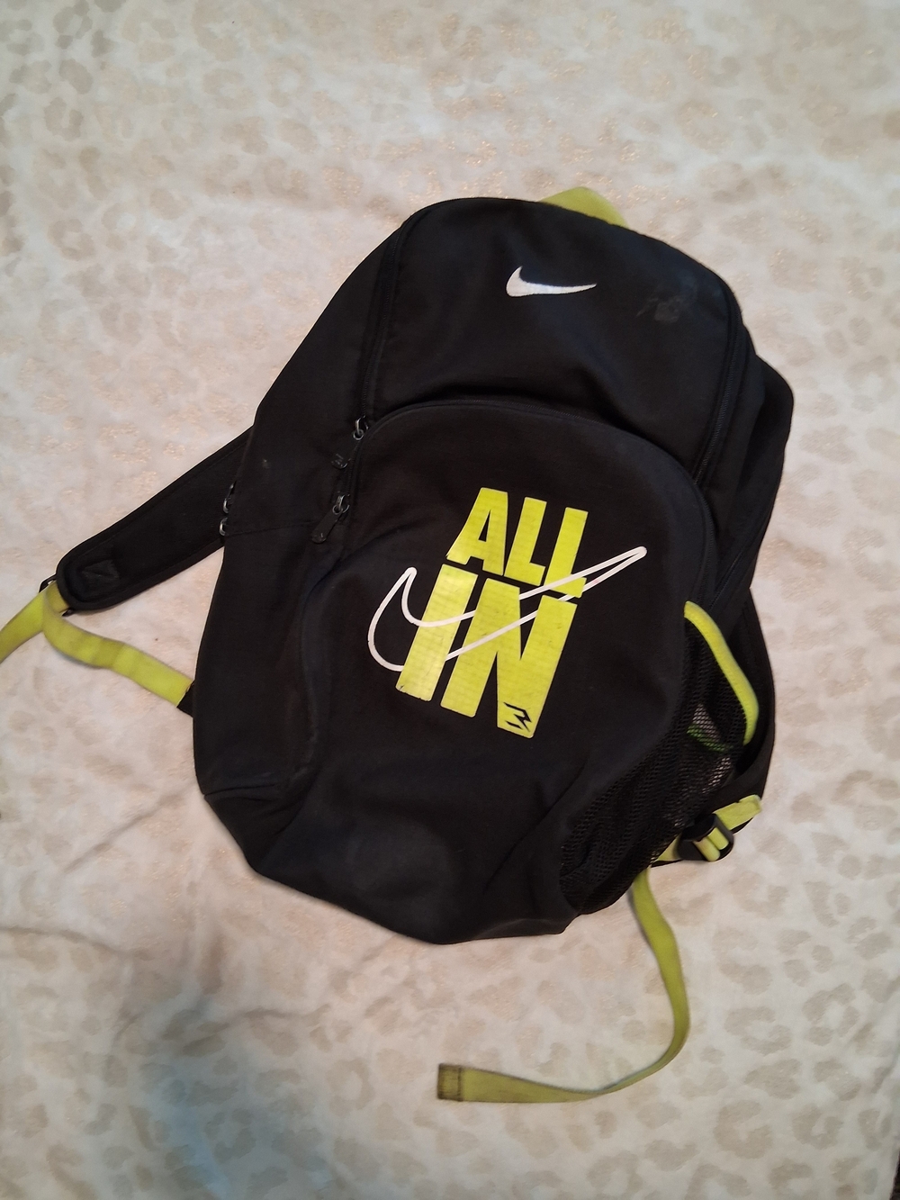Nike Black Backpack with Neon Yellow Accents - "ALL IN" Graphic